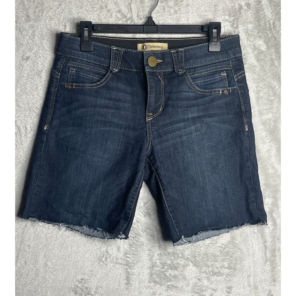Democracy Shorts Womens 6 Ab'solution Dark Wash Raw Hem Stretch Bermuda Denim